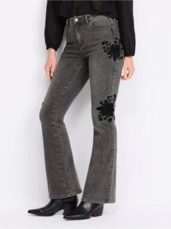 Poppy & Grace Denim - Gray Boot Cut Soft Goth Acid Wash Jeans with Black Floral Embroidery